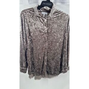 Jessica Simpson Womens Taupe Crushed Velvet Button Down Long Sleeve Shirt Large
